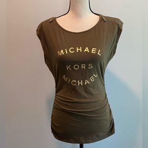 MICHAEL Michael Kors Olive Green Short Sleeve Logo Tee with Gold Foil